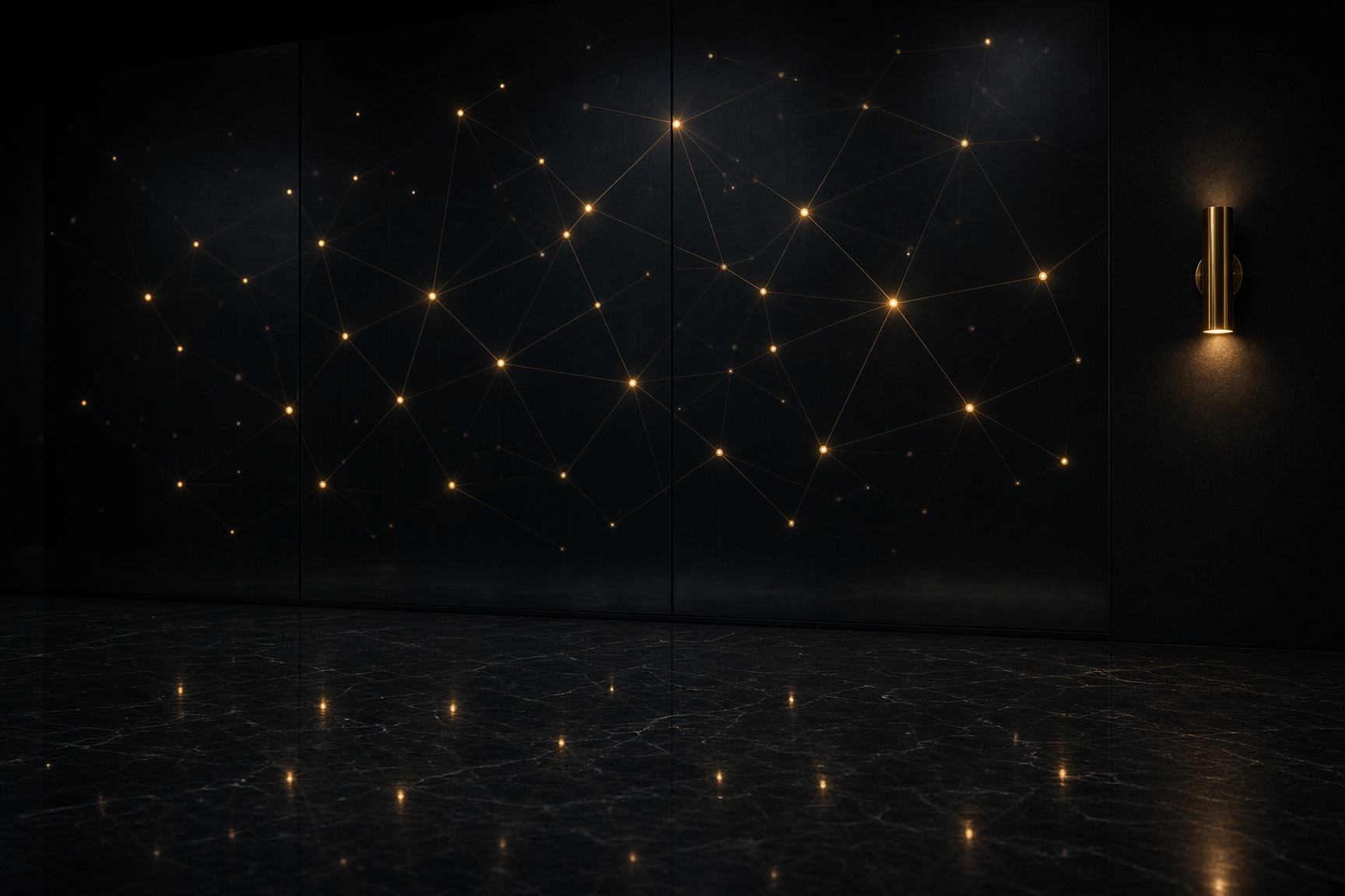 A dark glass wall mapped with warm points of light, reflected on a stone floor.