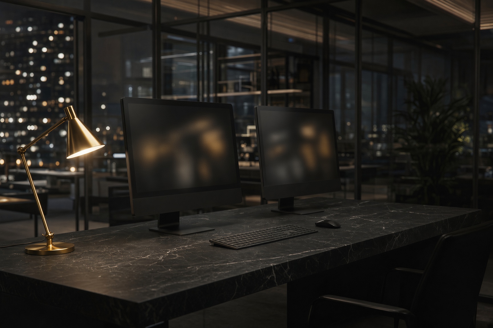 A dark software desk with two monitors and a brass lamp in a quiet office.