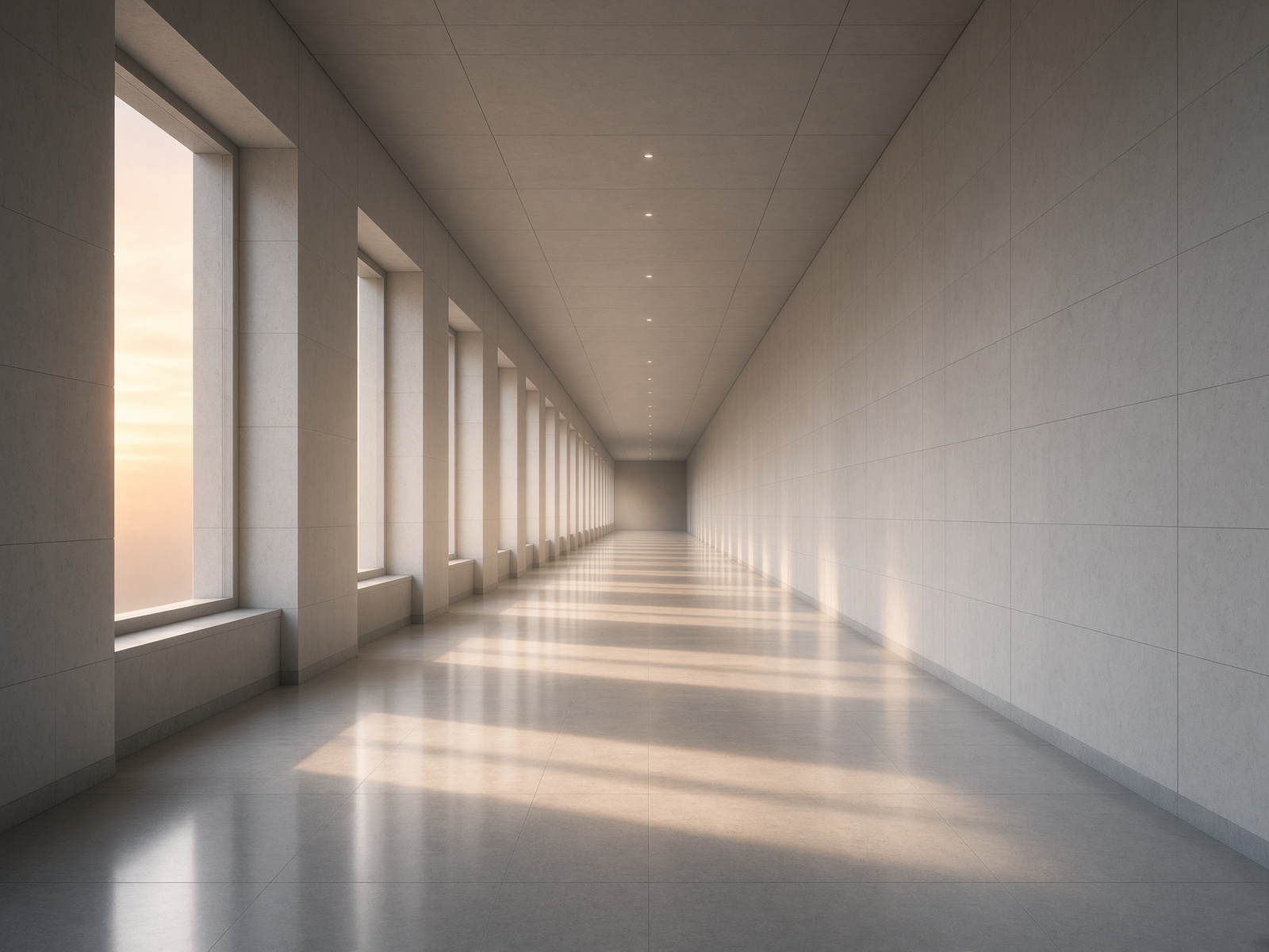 A quiet hospital corridor in morning light, pale stone and an empty floor.