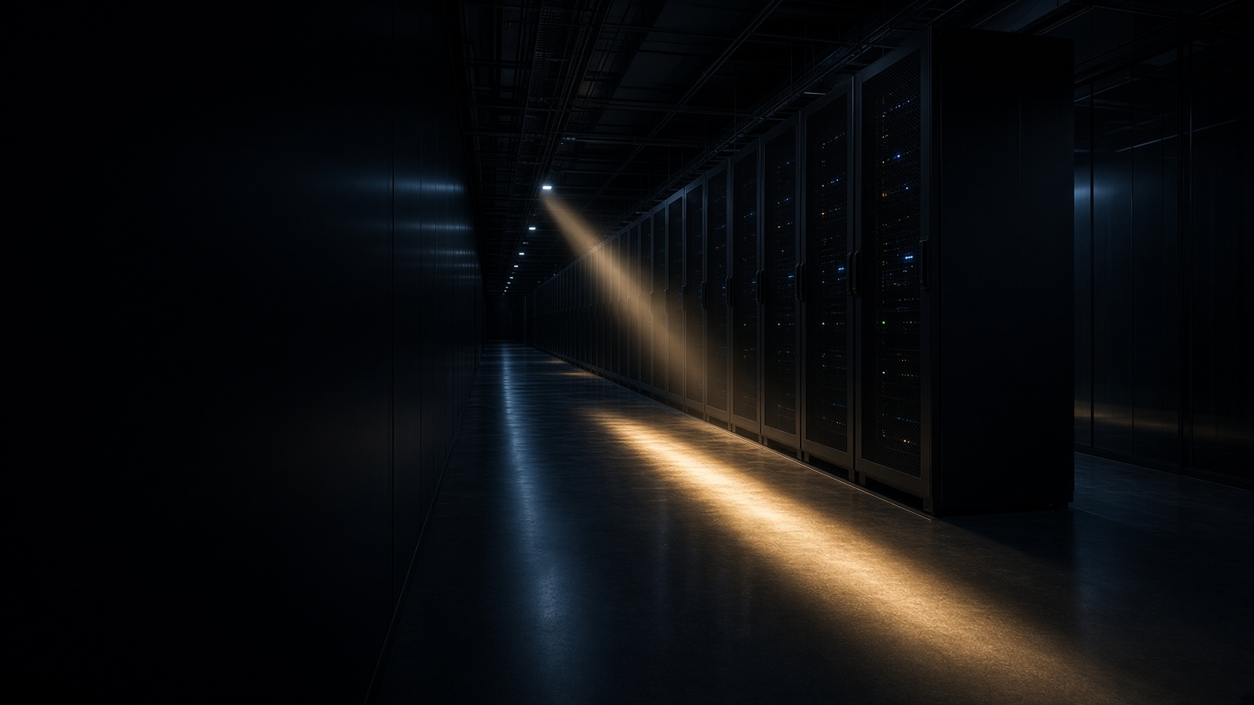 A dark data hall at night, black cabinets and one shaft of warm light across the floor.