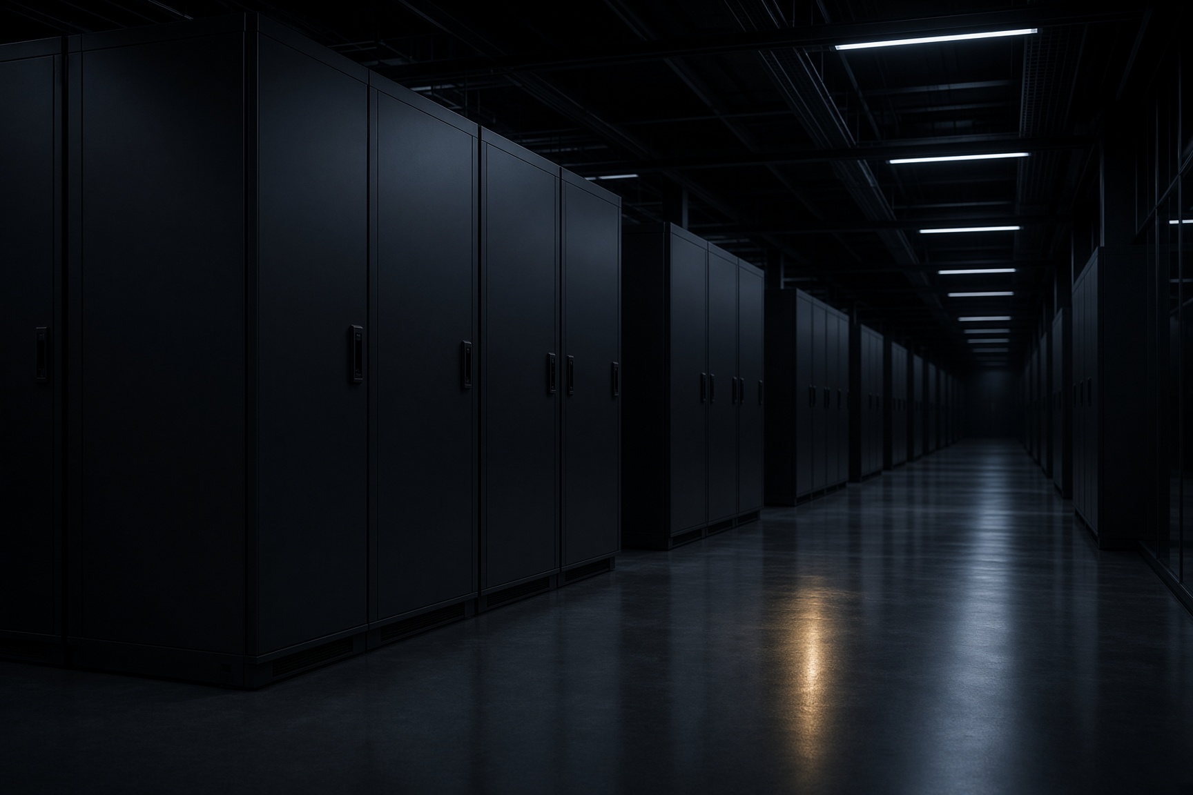 A dark server hall of black cabinets receding into cool light.