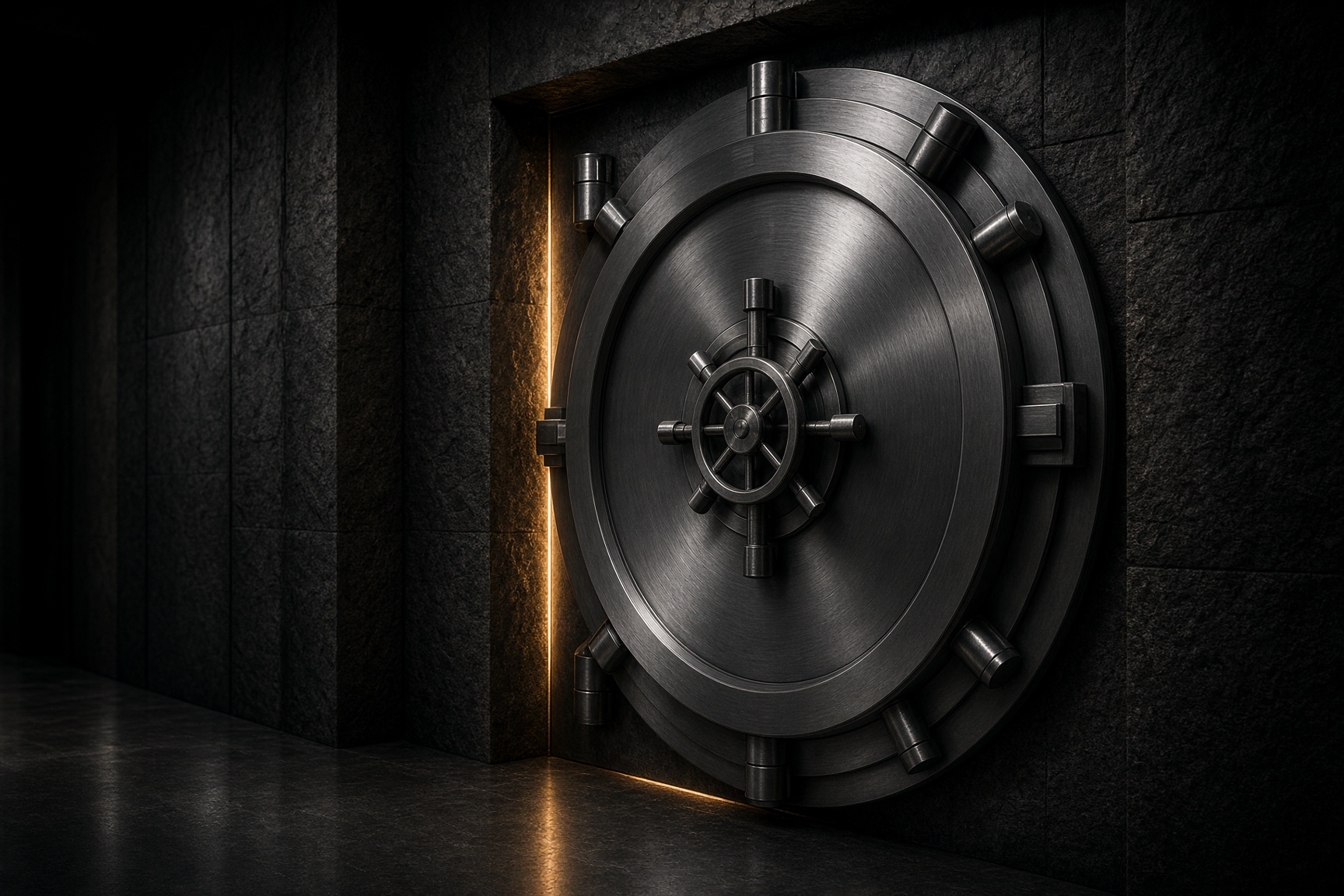 A brushed-steel vault door in a dark corridor, with a thin line of warm light.